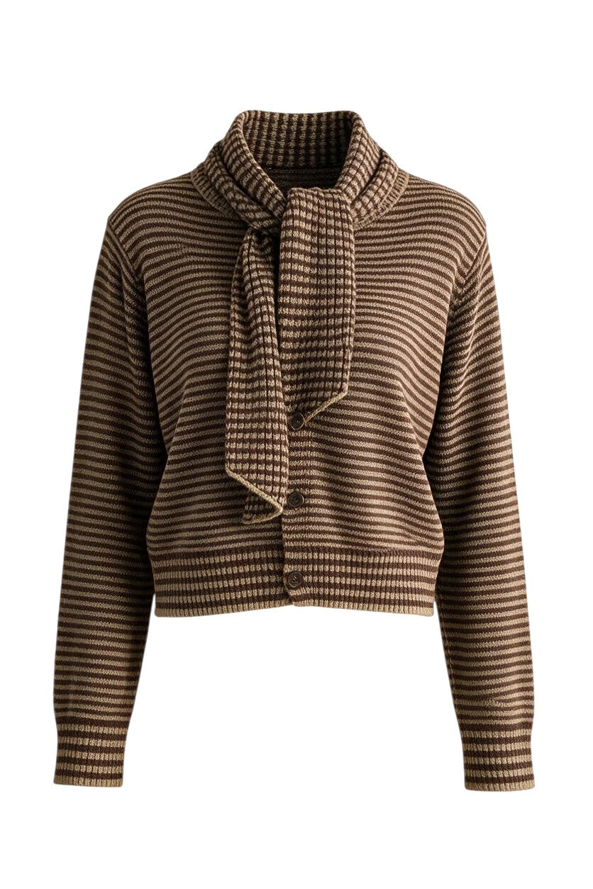 Trestles Clothing Company brown and tan striped knit sweater with an attached scarf and button-up front.